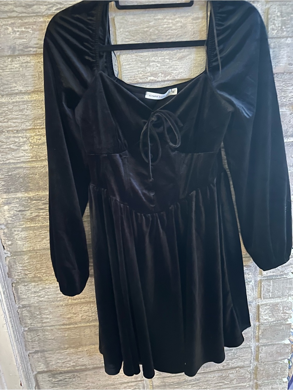 Altar'd State Black Velvet Long-Sleeve Babydoll Dress